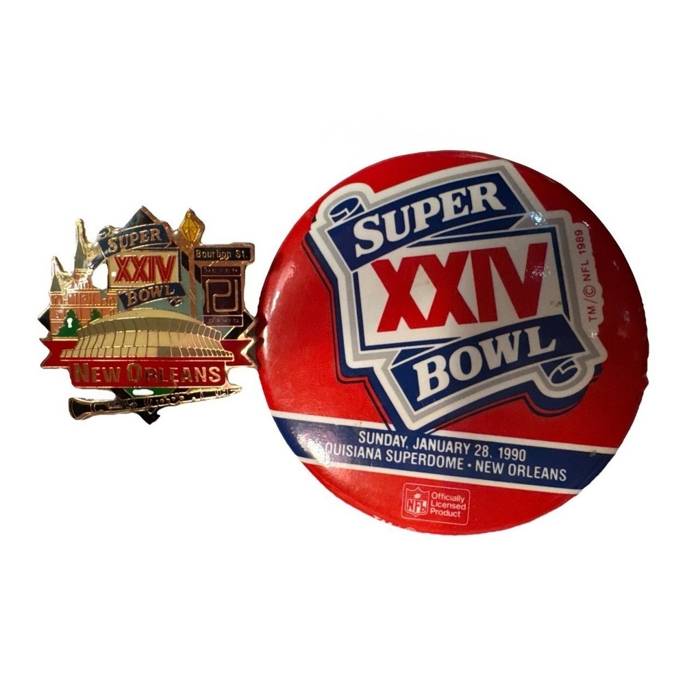 Vintage Super Bowl XXIV 24 New Orleans 1990 NFL Pin and 3 Inch Button Lot
